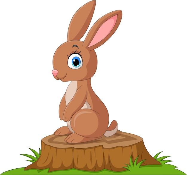 Cute little bunny cartoon sitting on tree stump