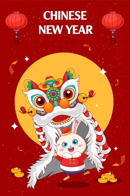 cute Little bunny performs Lion Dance. Happy Chinese new year 2023 year of the rabbit.