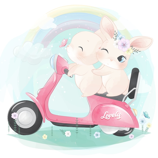 Cute little bunny riding a motorcycle