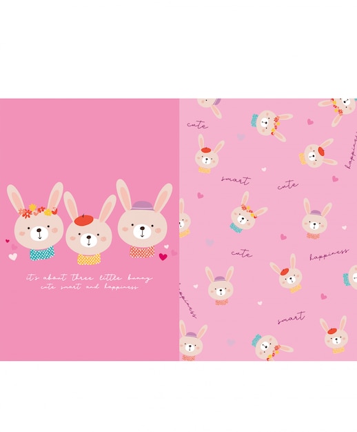 Cute little bunny with pattern vector set