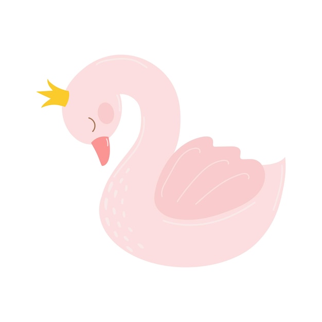 Cute little cartoon pink swan in a crown Isolated on a white background