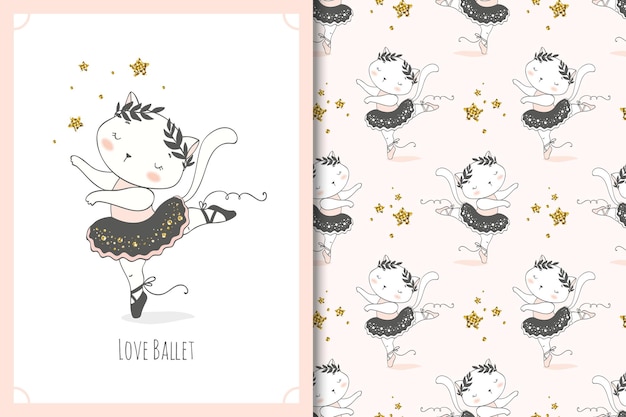 Cute little cat ballerina dancer cartoon character. Kitty card and seamless pattern set.