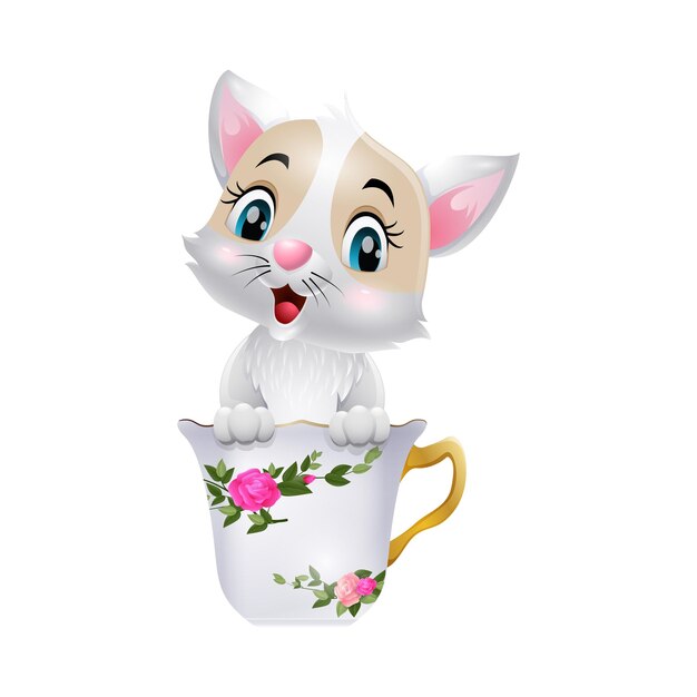 Cute little cat cartoon sitting in the cup