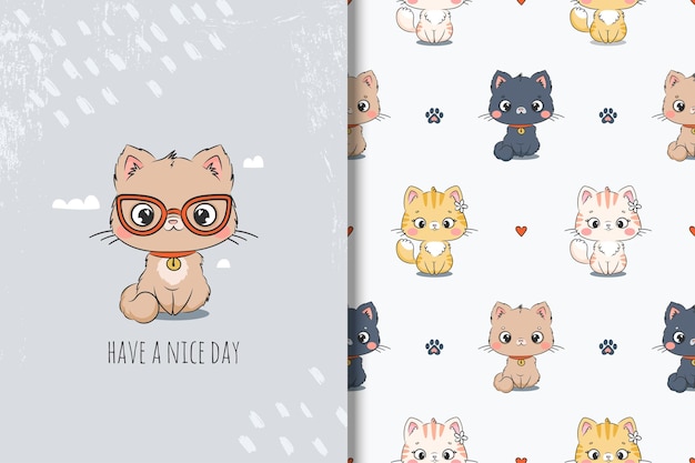 Cute little cat in glasses hand drawn card and seamless pattern for kids