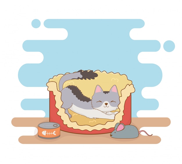 Vector cute little cat mascot in bed with tuna can and mouse