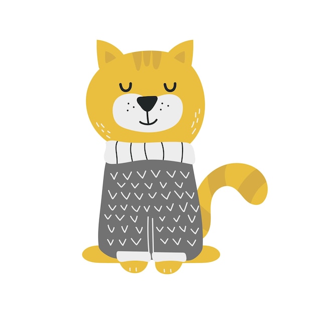 Cute little cat in a sweater childish print vector hand drawn illustration