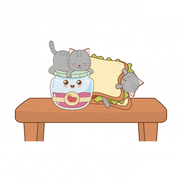 Cute little cats with strawberry jam kawaii characters