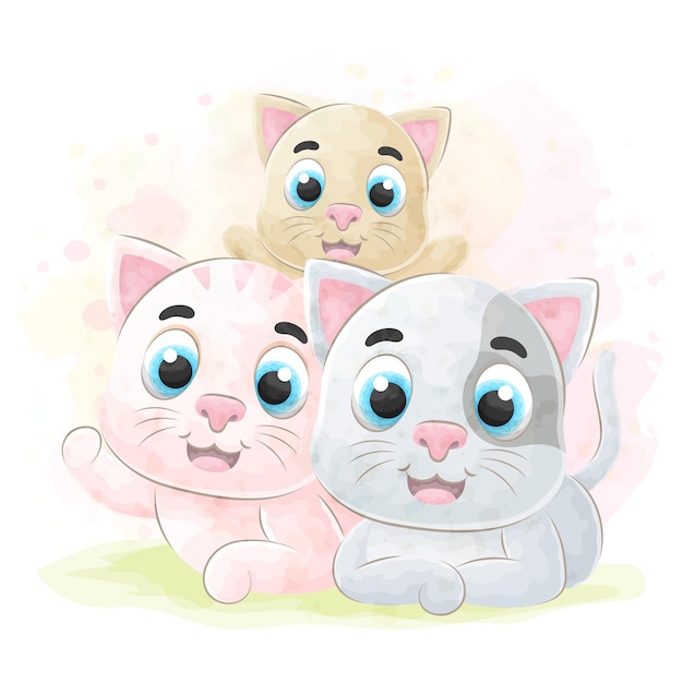 Cute little Cats with watercolor illustration