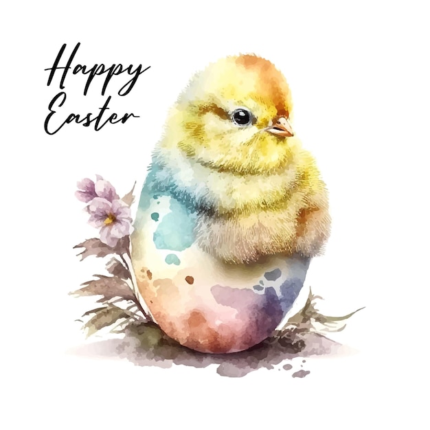 Cute little chick in cracked egg vector graphic illustration Easter themed yellow chicken watercolor cartoon with cracked eggshell isolated on white background