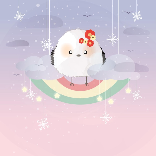 cute little cotton ball bird on rainbow