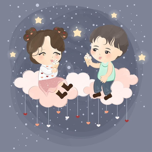 Cute little couple eat ice cream on the cloud