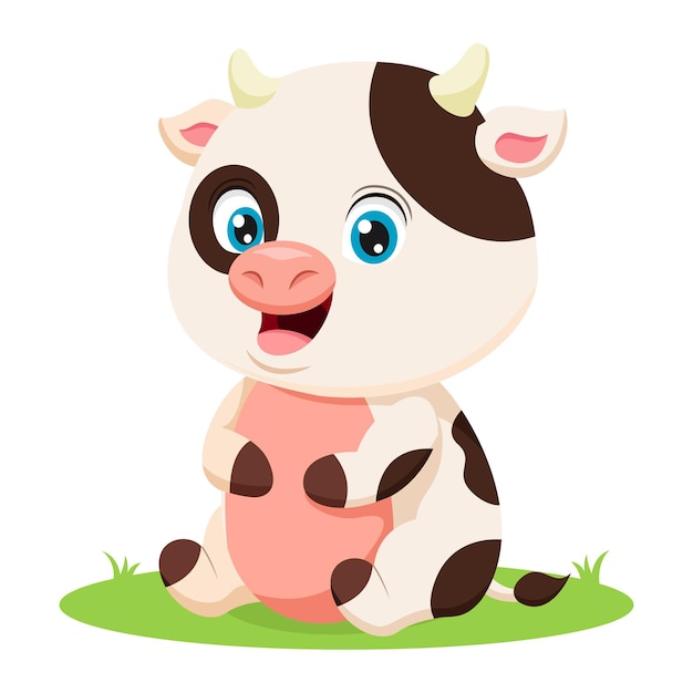 Cute little cow cartoon sitting in grass