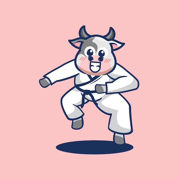 Cute little cow karateka cartoon flat minimalism vector illustration