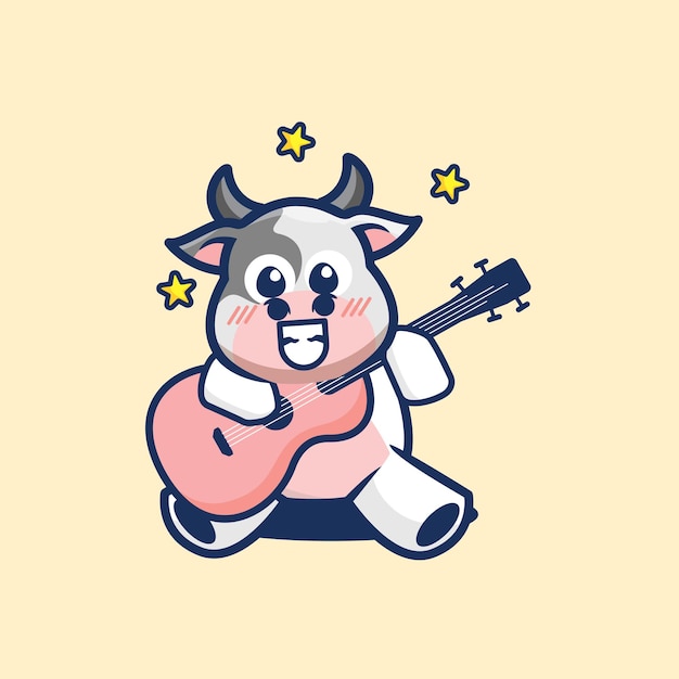 Cute little cow playing acoustic guitar cartoon flat minimalism vector illustration