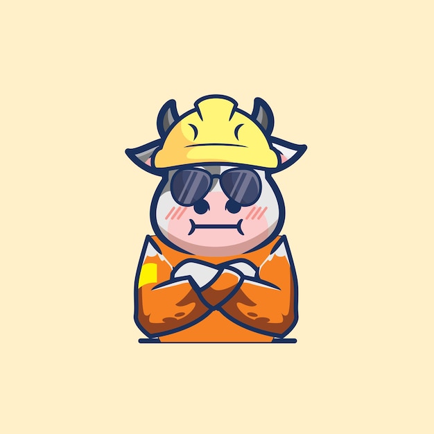 Cute little cow work in construction cartoon flat minimalism vector illustration