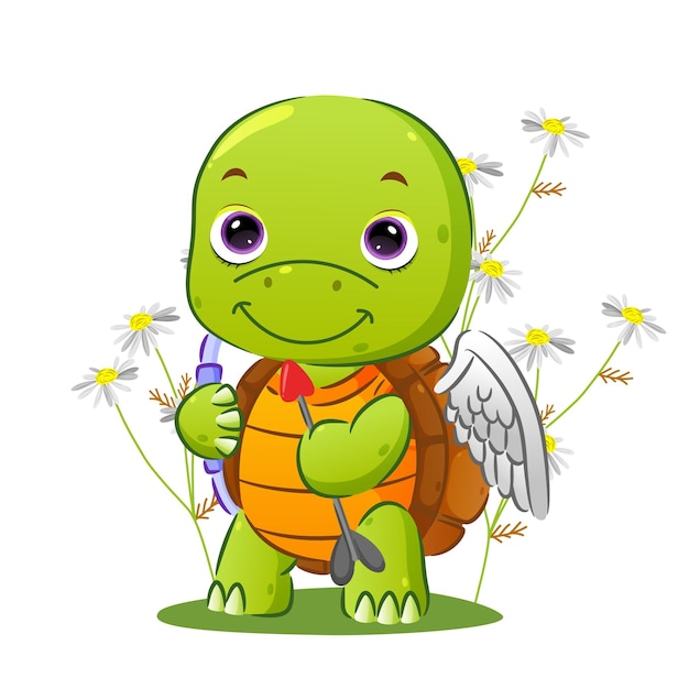 The cute little cupid turtle is holding arrow to spread the love and standing in the garden of illustration