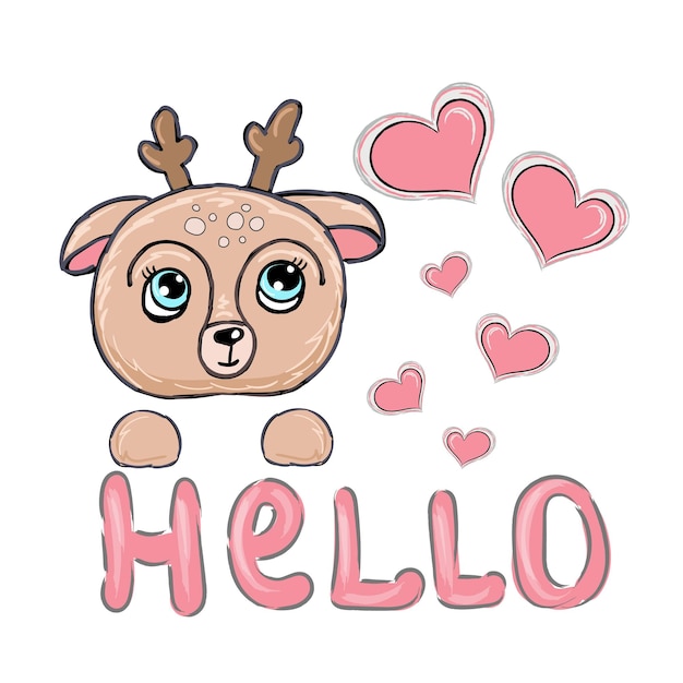 Cute little deer and written phrase Hello Vector Illustration Children Print Design for tshirts