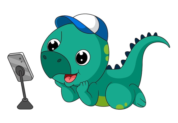 Cute little dinosaur cartoon taking selfie with phone