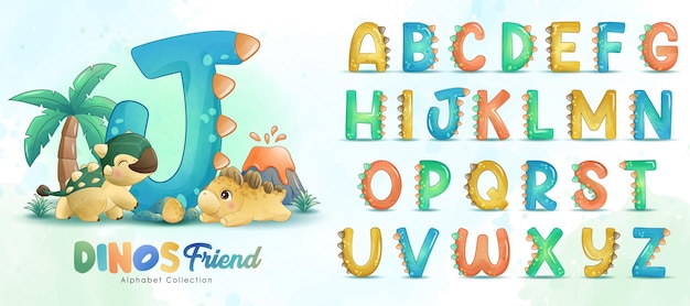 Cute little dinosaur friends with alphabet watercolor illustration