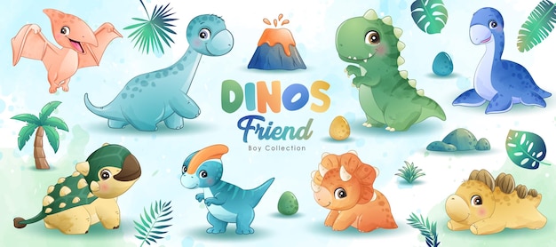 Cute little dinosaur friends with watercolor illustration