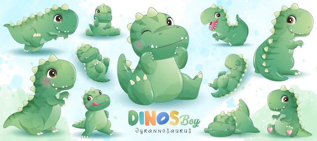 Cute little dinosaur poses with watercolor illustration