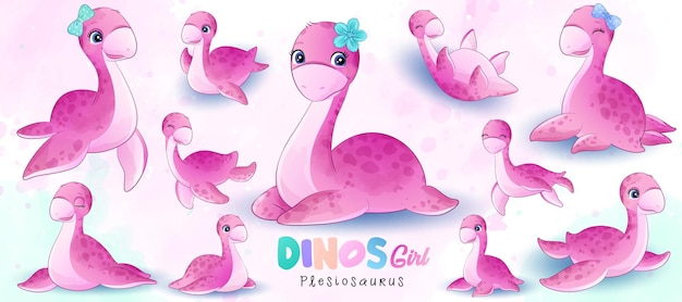 Cute little dinosaur poses with watercolor illustration