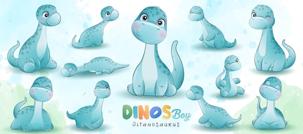 Cute little dinosaur poses with watercolor illustration