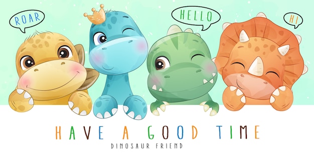 Cute little dinosaur with watercolor collection