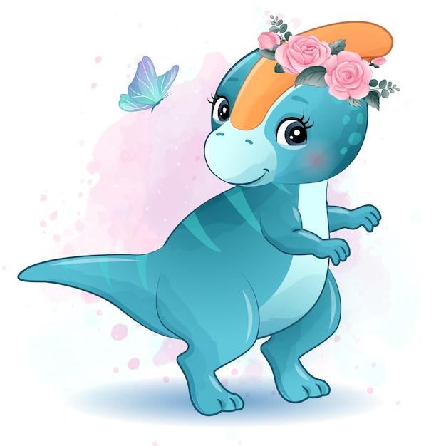 Cute little dinosaur with watercolor illustration