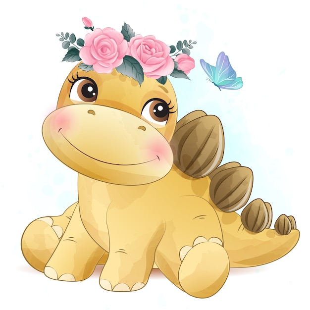 Cute little dinosaur with watercolor illustration