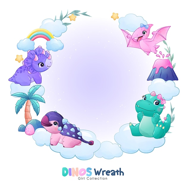 Cute little dinosaur wreath with watercolor illustration