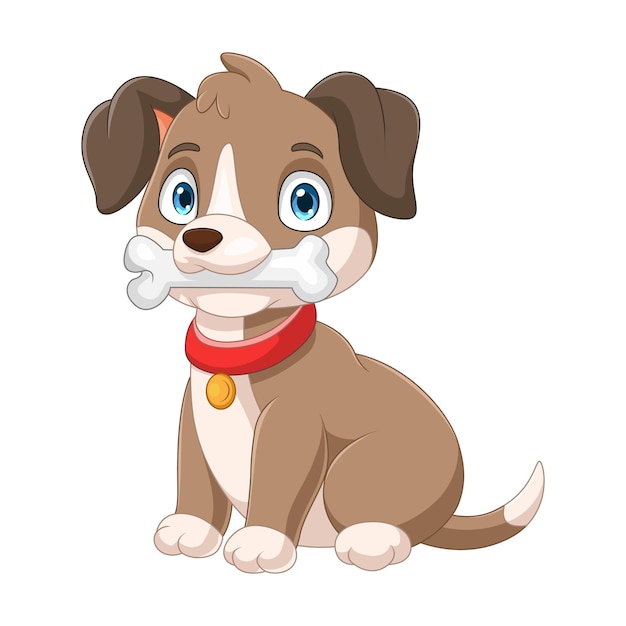 Vector cute little dog cartoon biting the bone