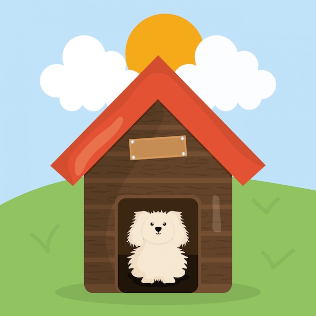 Vector cute little dog in wooden house pet character