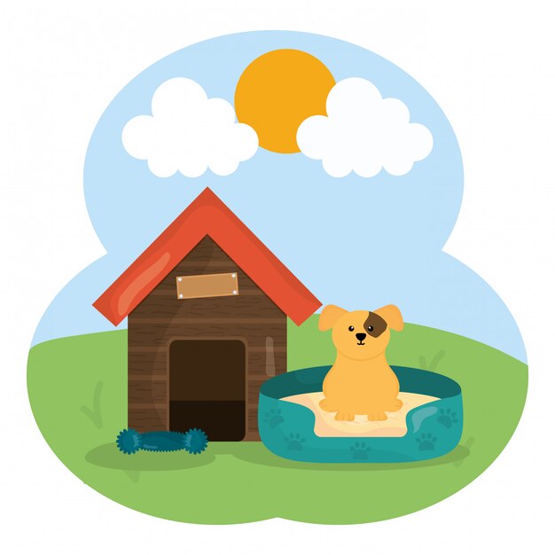 Vector cute little dog in wooden house pet character