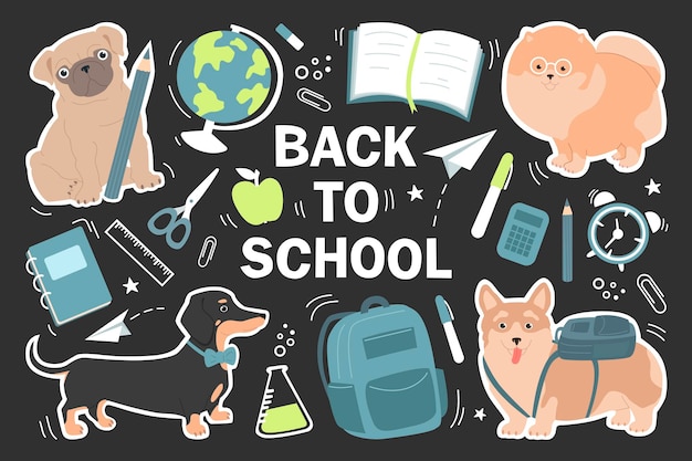 Cute little dogs go Back to school Set of funny stickers illustration for kids