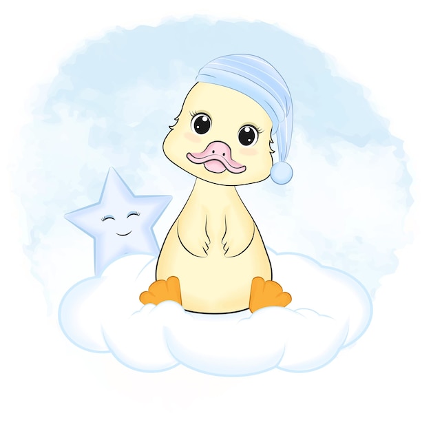 Cute Little Duck and star on the cloud