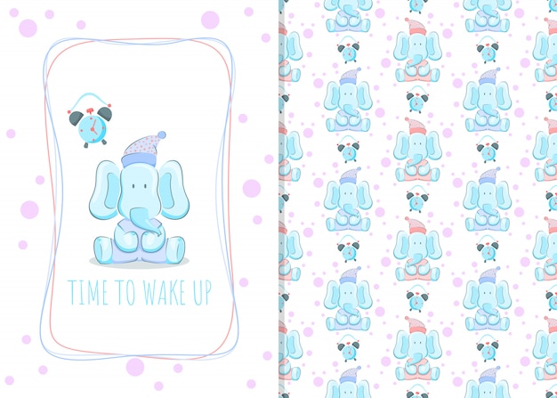 Cute little elephant card and seamless pattern for kids