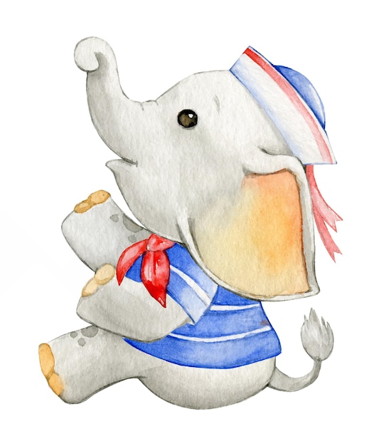 Cute little elephant dressed in sea clothes Watercolor tropical animal