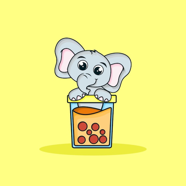 Cute little elephant in milk tea cup cartoon