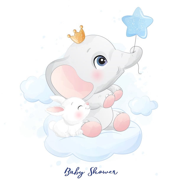 Vector cute little elephant sitting in the cloud with bunny illustration