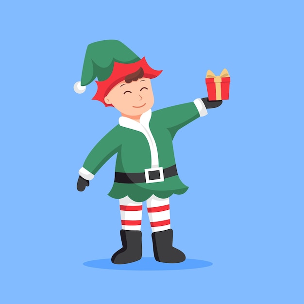 Cute Little Elf with Christmas Gift Character Design Illustration