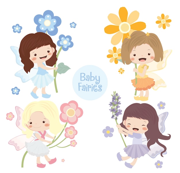 Cute Little Fairies with Colourful Flowers