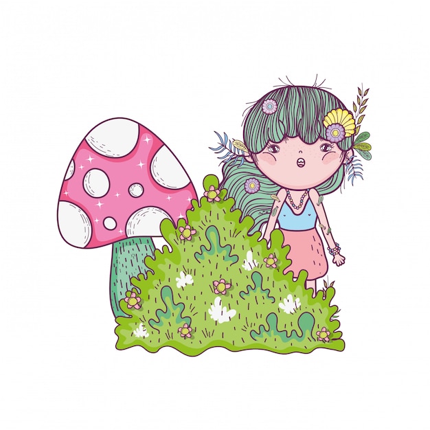 Vector cute little fairy with fungus and bush