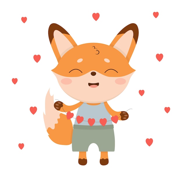 Cute little fox boy, with garlands of hearts.