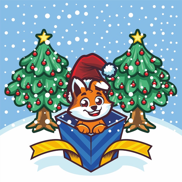 Cute little fox out of gift box on christmas