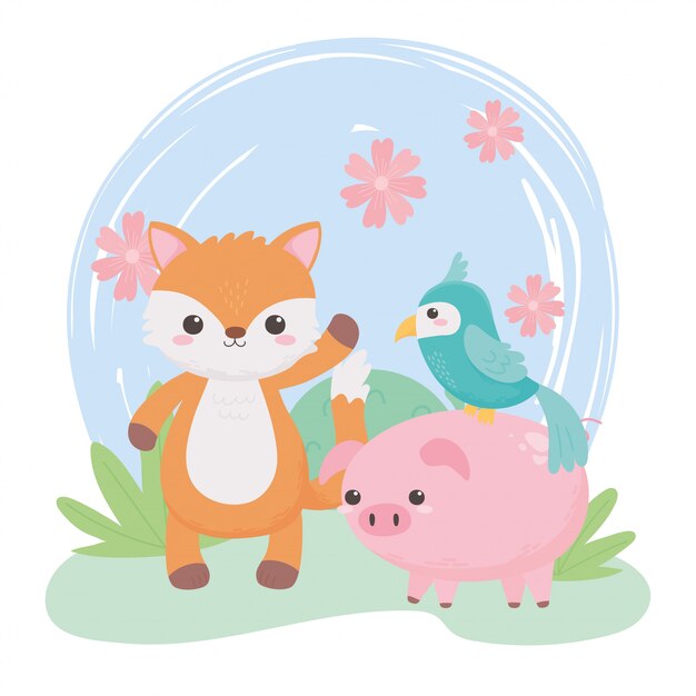 Cute little fox pig parrot flowers bush cartoon animals in a natural landscape