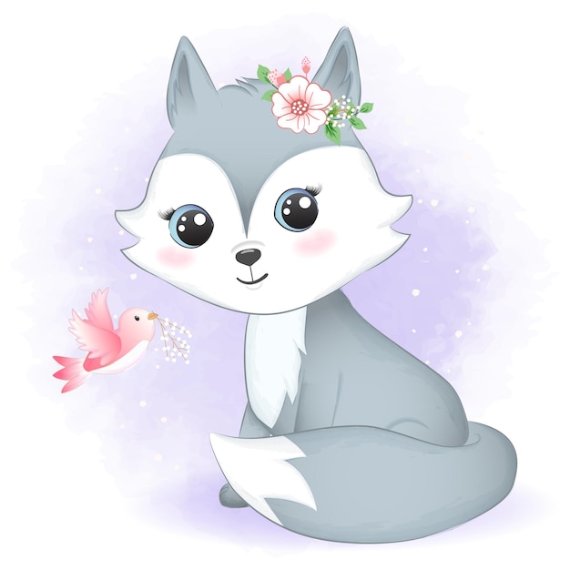 Cute Little Fox with bird watercolor illustration