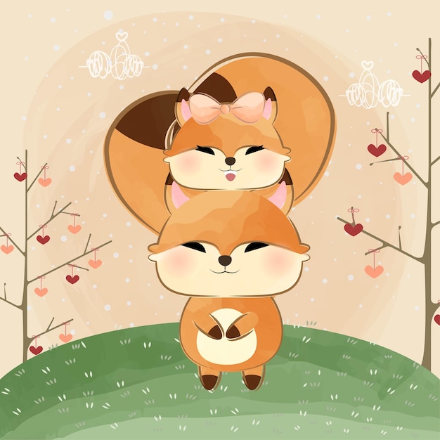 cute little foxes hugging tails