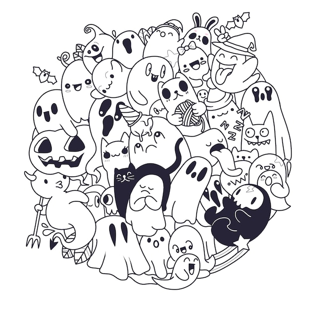 Cute little ghost in a circle hand drawn