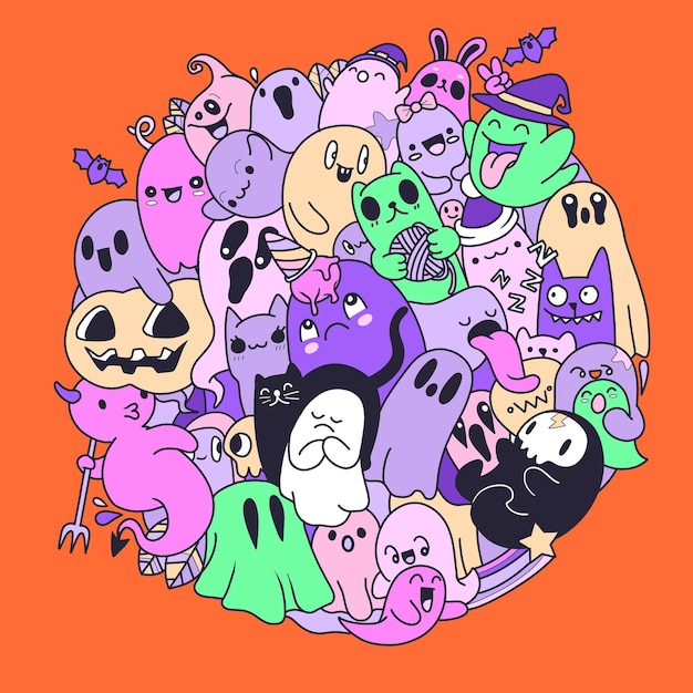 Cute little ghost in a circle hand drawn